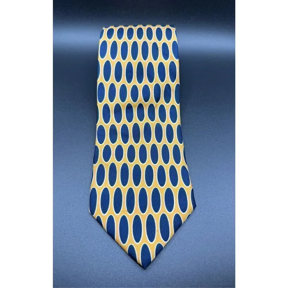 Lands’ End Men’s 100% Silk Neck Tie Yellow Blue Oval